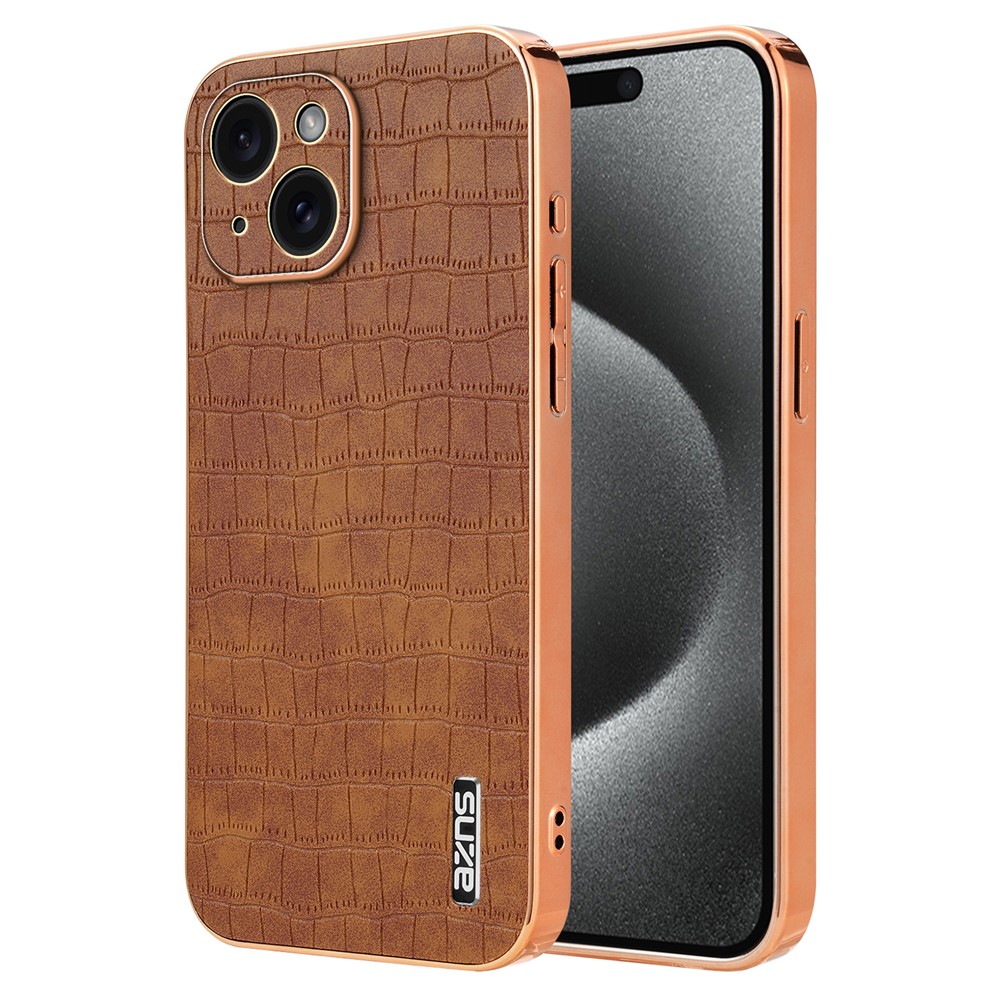 AZNS For iPhone 15 Plus Case Electroplating Frame Leather Back Cover Crocodile Pattern - Brown