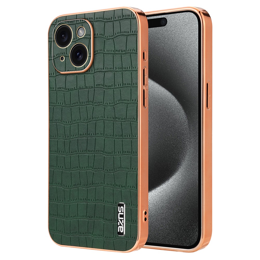 AZNS For iPhone 15 Plus Case Electroplating Frame Leather Back Cover Crocodile Pattern - Green