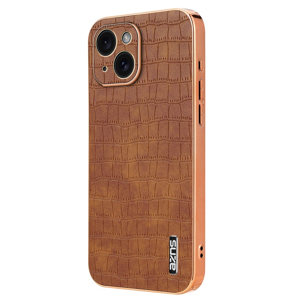 AZNS For iPhone 14 Case Crocodile Texture PU+TPU Electroplating Anti-Fall Phone Cover - Brown