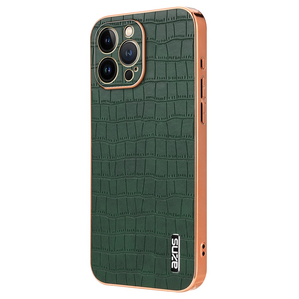 AZNS For iPhone 13 Pro Max Case Crocodile Texture Electroplating PU+TPU Phone Cover - Green