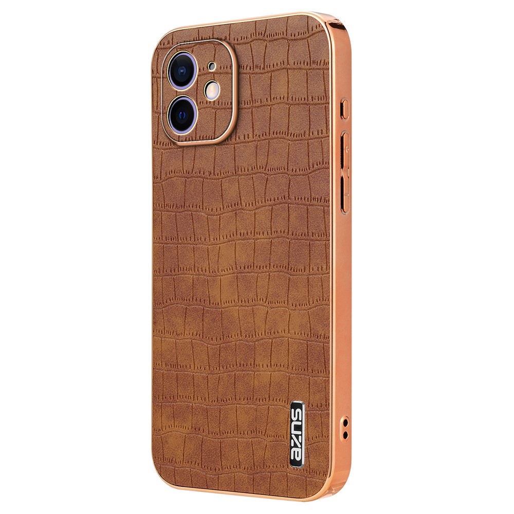 AZNS For iPhone 11 Case Anti-Drop Crocodile Texture PU+TPU Phone Cover - Brown