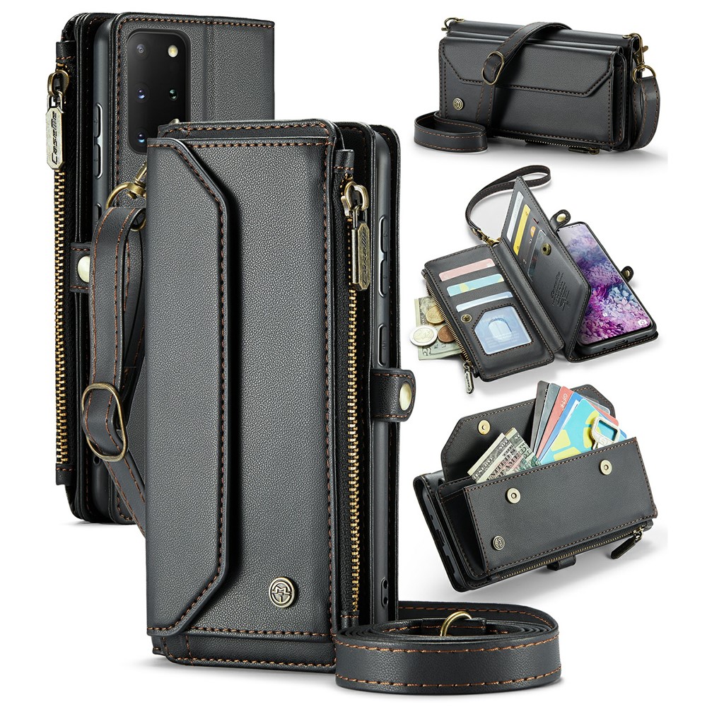 For Samsung Galaxy S20 Plus 5G / 4G Leather Case CASEME C36 Zipper Multiple Card Slots Phone Cover with Straps - Black