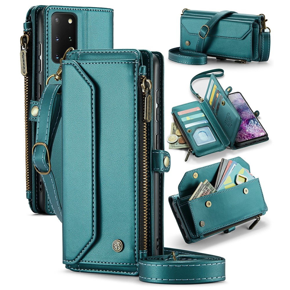 For Samsung Galaxy S20 Plus 5G / 4G Leather Case CASEME C36 Zipper Multiple Card Slots Phone Cover with Straps - Green