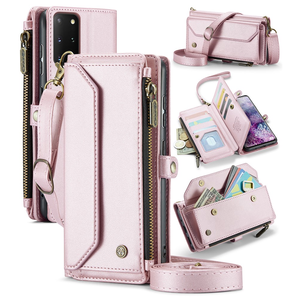 For Samsung Galaxy S20 Plus 5G / 4G Leather Case CASEME C36 Zipper Multiple Card Slots Phone Cover with Straps - Pink