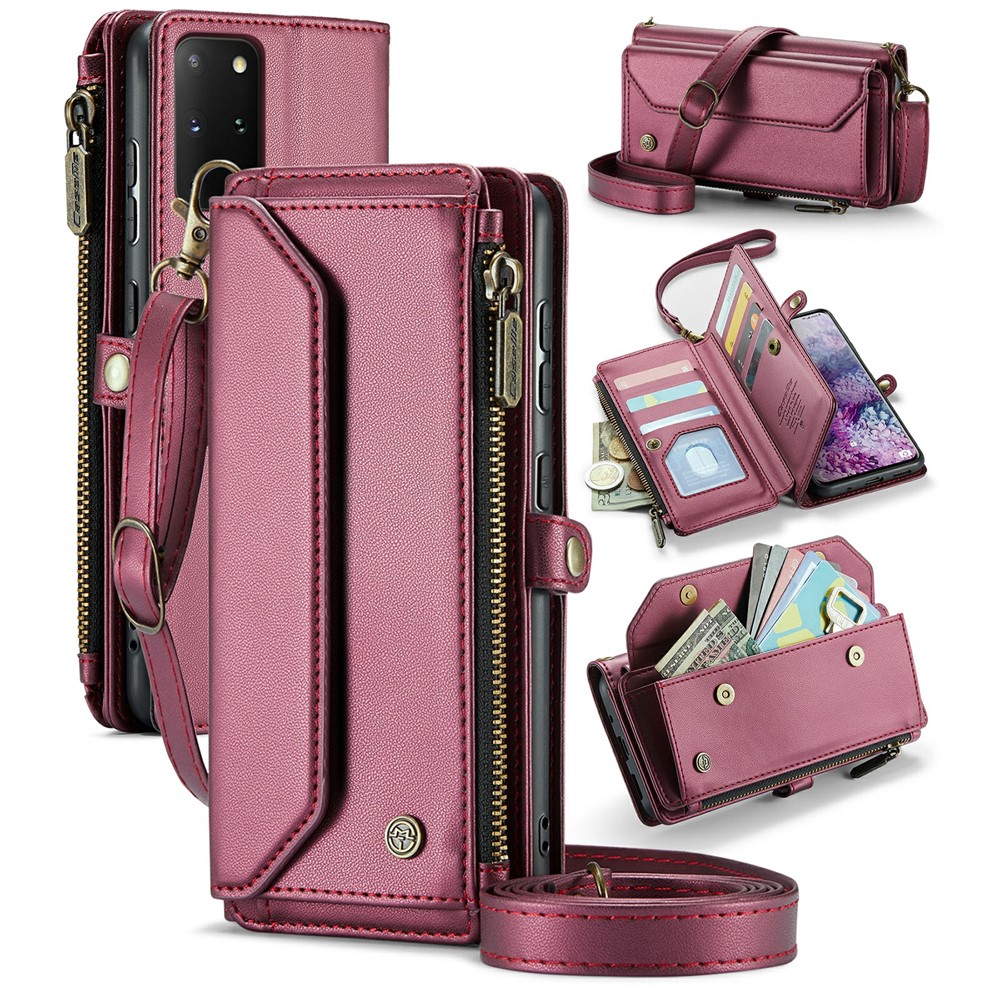 For Samsung Galaxy S20 Plus 5G / 4G Leather Case CASEME C36 Zipper Multiple Card Slots Phone Cover with Straps - Wine Red
