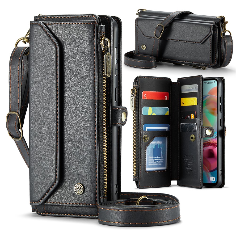 For Samsung Galaxy A71 4G SM-A715 Leather Case CASEME C36 Zipper Multiple Card Slots Phone Cover with Straps - Black