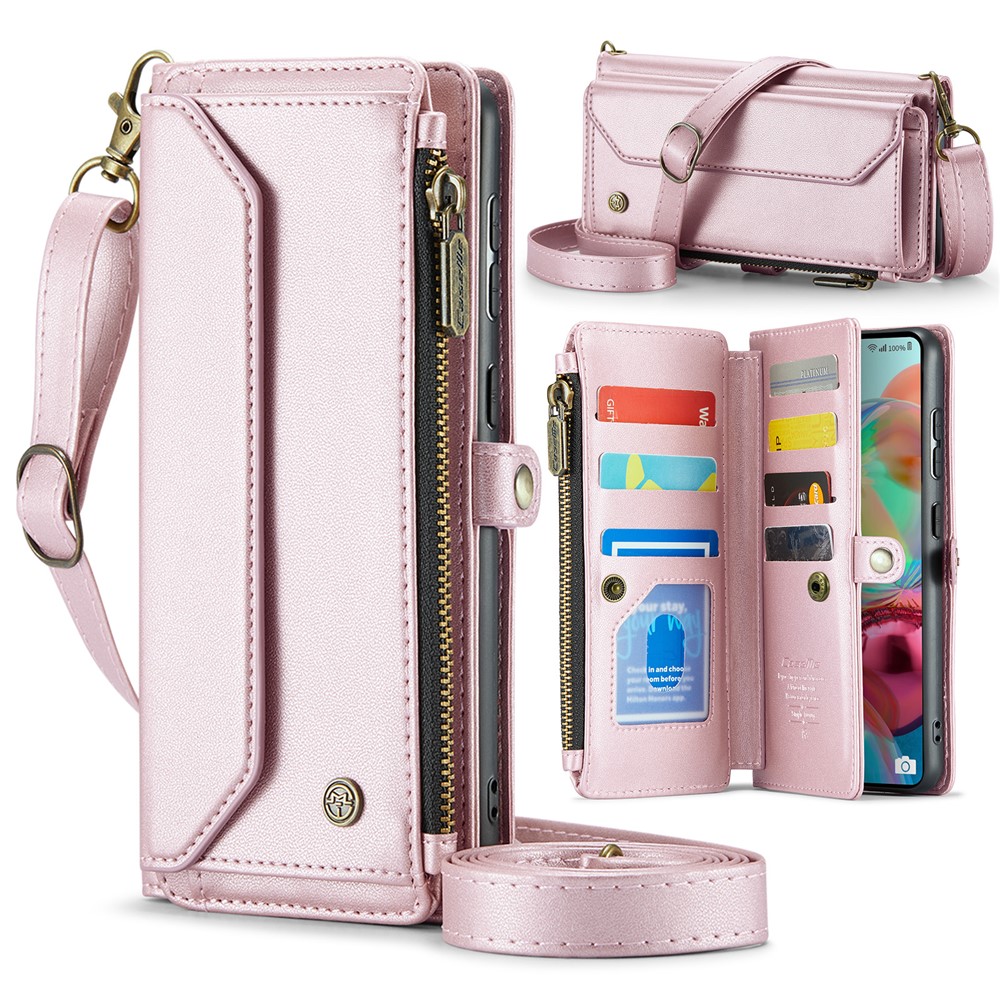For Samsung Galaxy A71 4G SM-A715 Leather Case CASEME C36 Zipper Multiple Card Slots Phone Cover with Straps - Pink