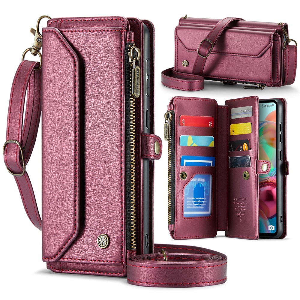 For Samsung Galaxy A71 4G SM-A715 Leather Case CASEME C36 Zipper Multiple Card Slots Phone Cover with Straps - Wine Red