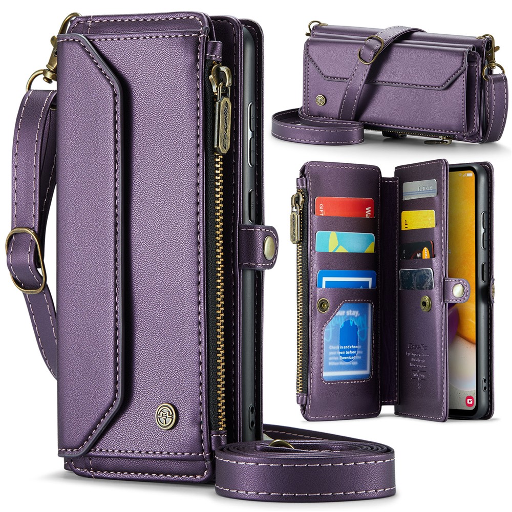 For Samsung Galaxy A72 4G Leather Case CASEME C36 Zipper Multiple Card Slots Phone Cover with Straps - Purple