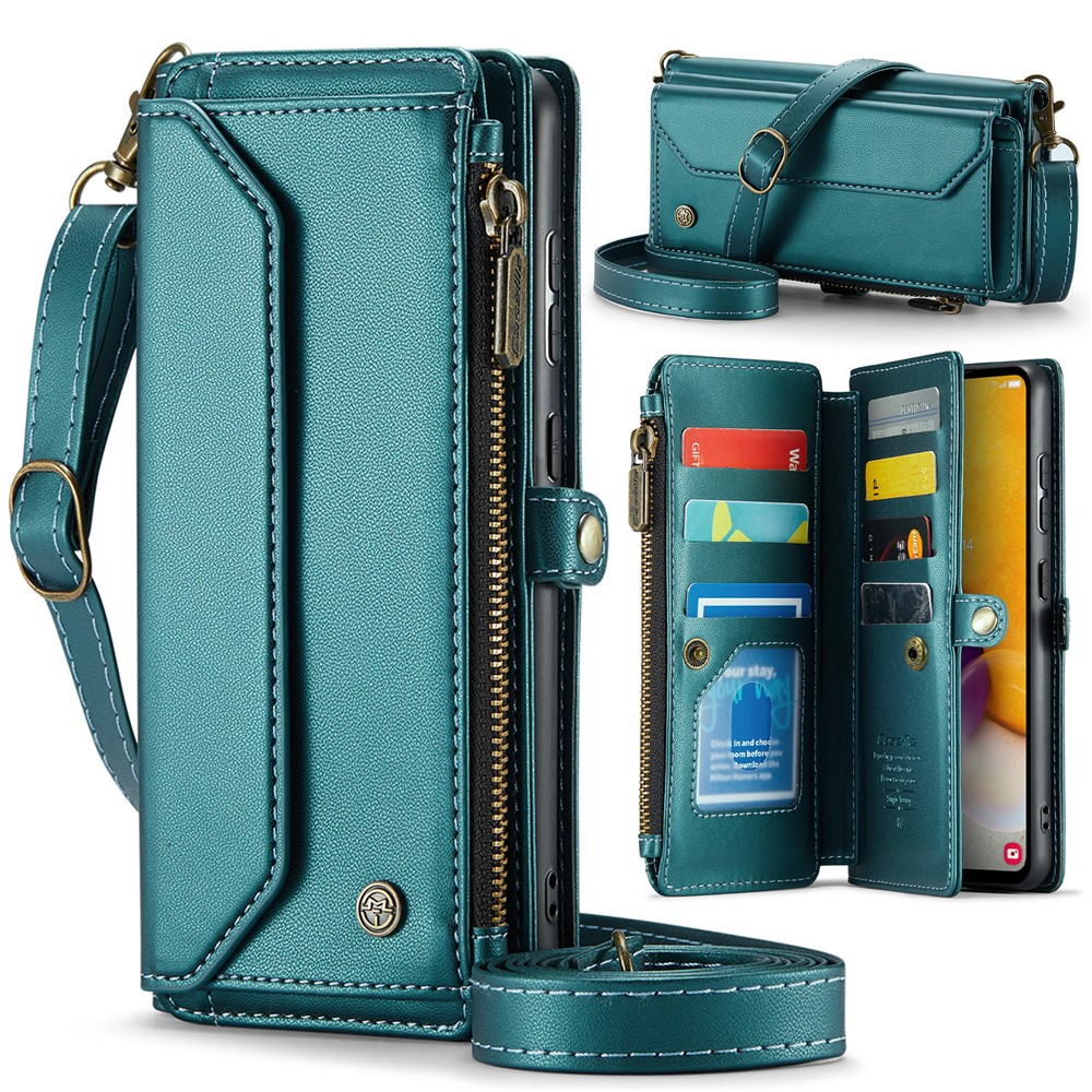 For Samsung Galaxy A72 4G Leather Case CASEME C36 Zipper Multiple Card Slots Phone Cover with Straps - Green