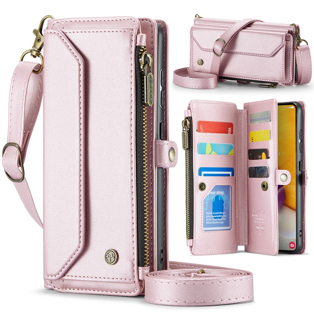 For Samsung Galaxy A72 4G Leather Case CASEME C36 Zipper Multiple Card Slots Phone Cover with Straps - Pink
