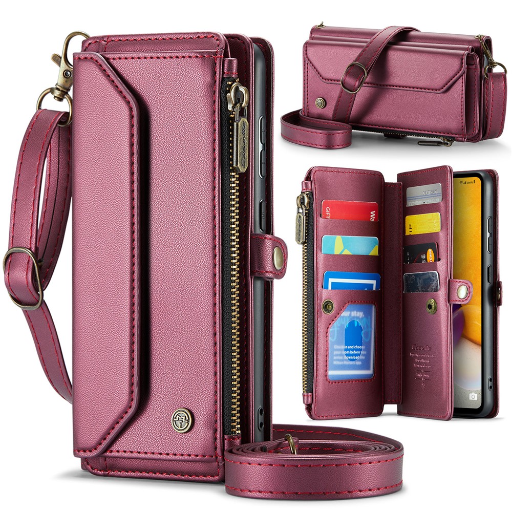 For Samsung Galaxy A72 4G Leather Case CASEME C36 Zipper Multiple Card Slots Phone Cover with Straps - Wine Red