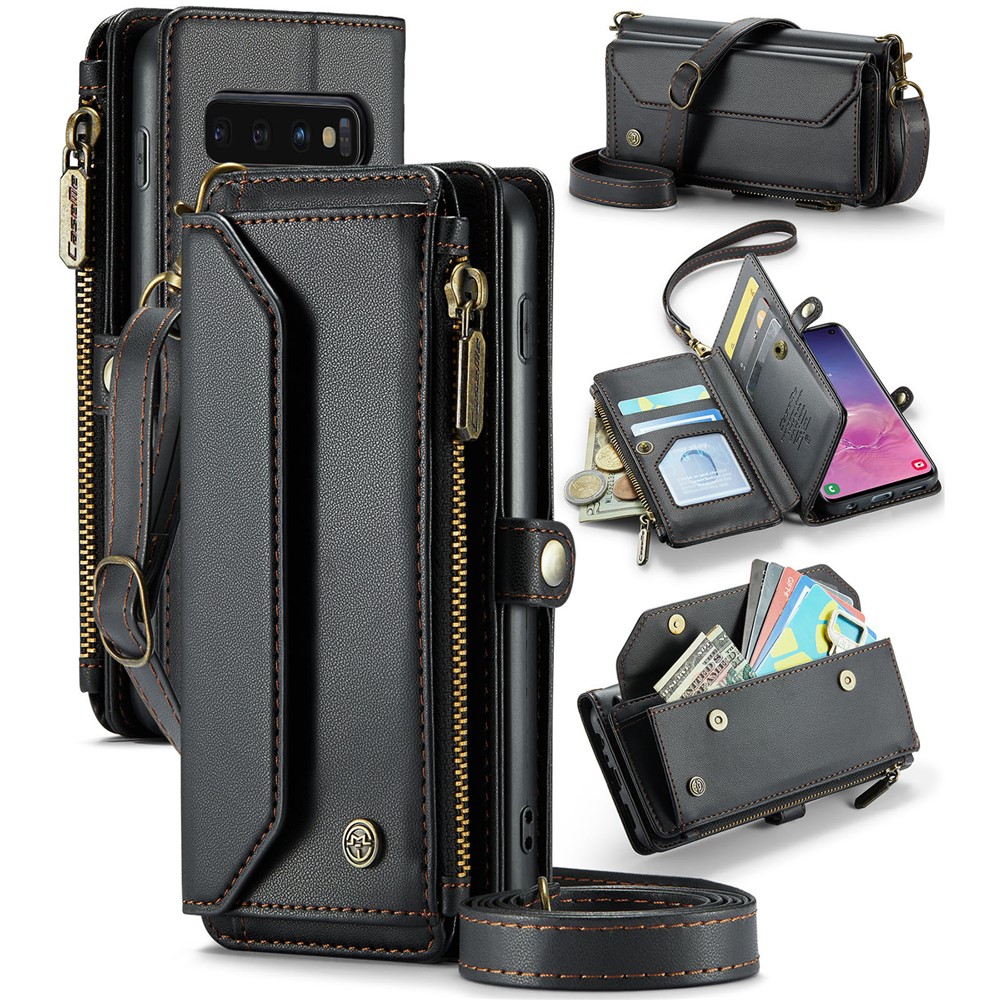 For Samsung Galaxy S10 5G Leather Case CASEME C36 Zipper Multiple Card Slots Phone Cover with Straps - Black