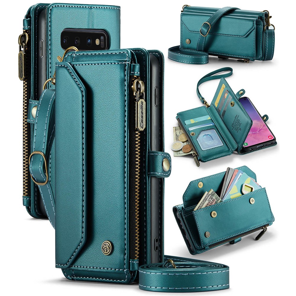 For Samsung Galaxy S10 5G Leather Case CASEME C36 Zipper Multiple Card Slots Phone Cover with Straps - Green
