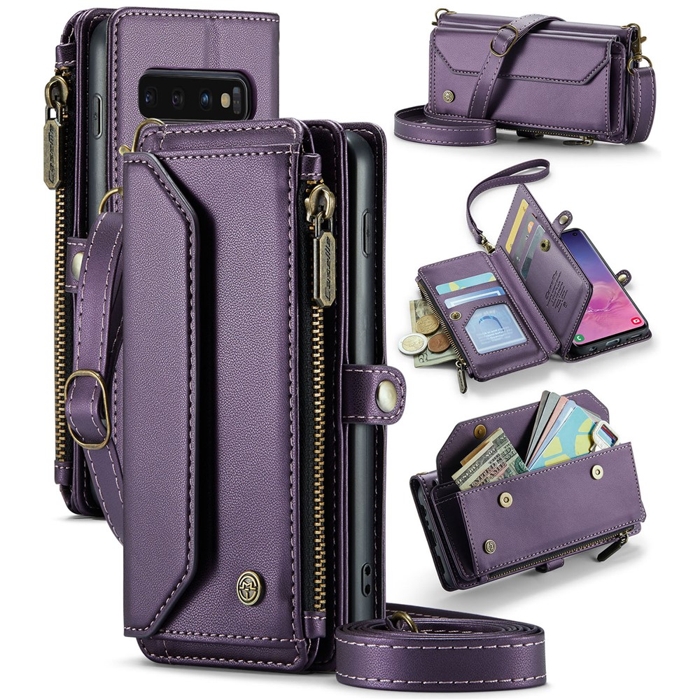 For Samsung Galaxy S10 5G Leather Case CASEME C36 Zipper Multiple Card Slots Phone Cover with Straps - Purple