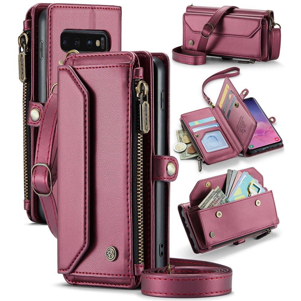For Samsung Galaxy S10 5G Leather Case CASEME C36 Zipper Multiple Card Slots Phone Cover with Straps - Wine Red