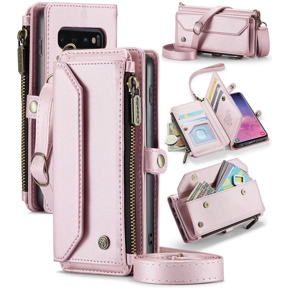 For Samsung Galaxy S10 5G Leather Case CASEME C36 Zipper Multiple Card Slots Phone Cover with Straps - Pink