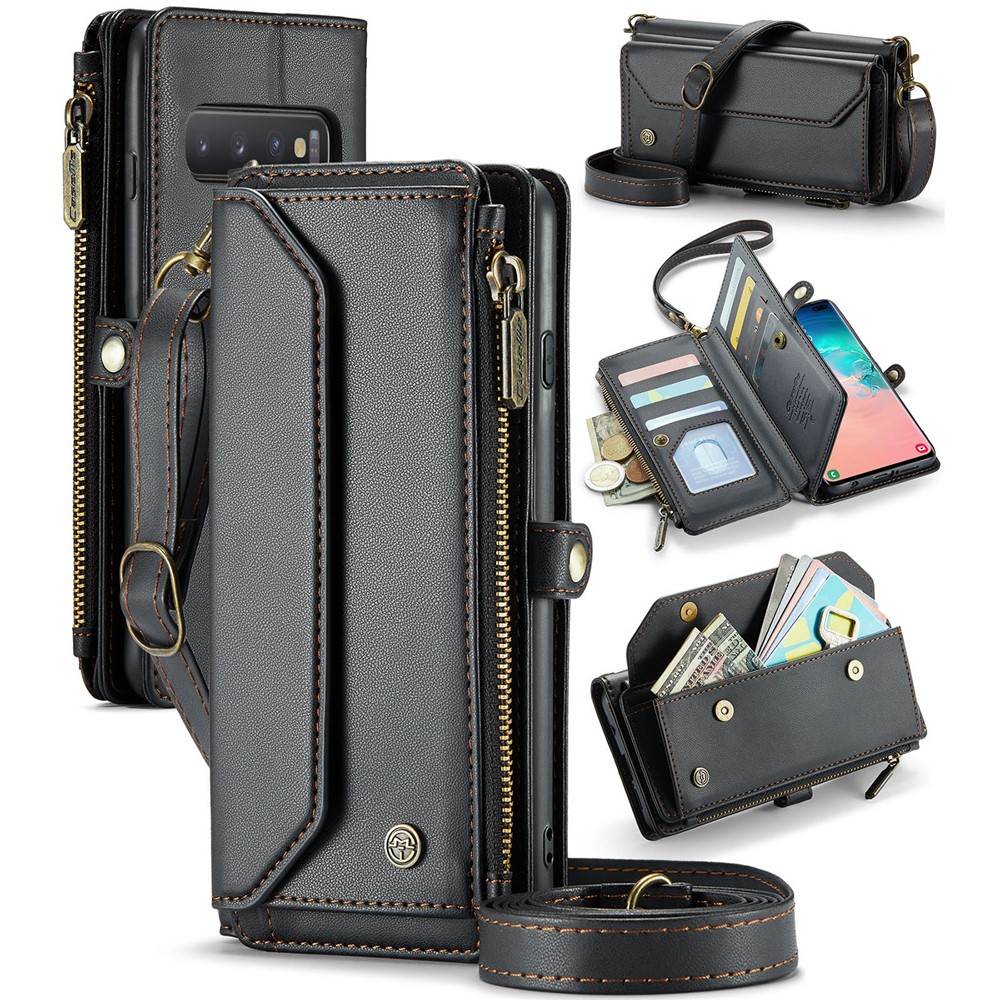 For Samsung Galaxy S10 Plus Leather Case CASEME C36 Zipper Multiple Card Slots Phone Cover with Straps - Black