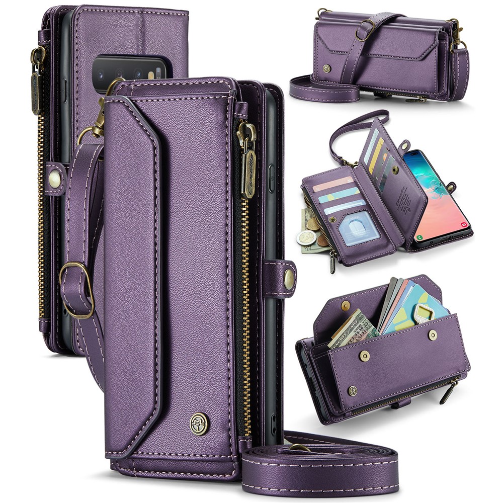 For Samsung Galaxy S10 Plus Leather Case CASEME C36 Zipper Multiple Card Slots Phone Cover with Straps - Purple