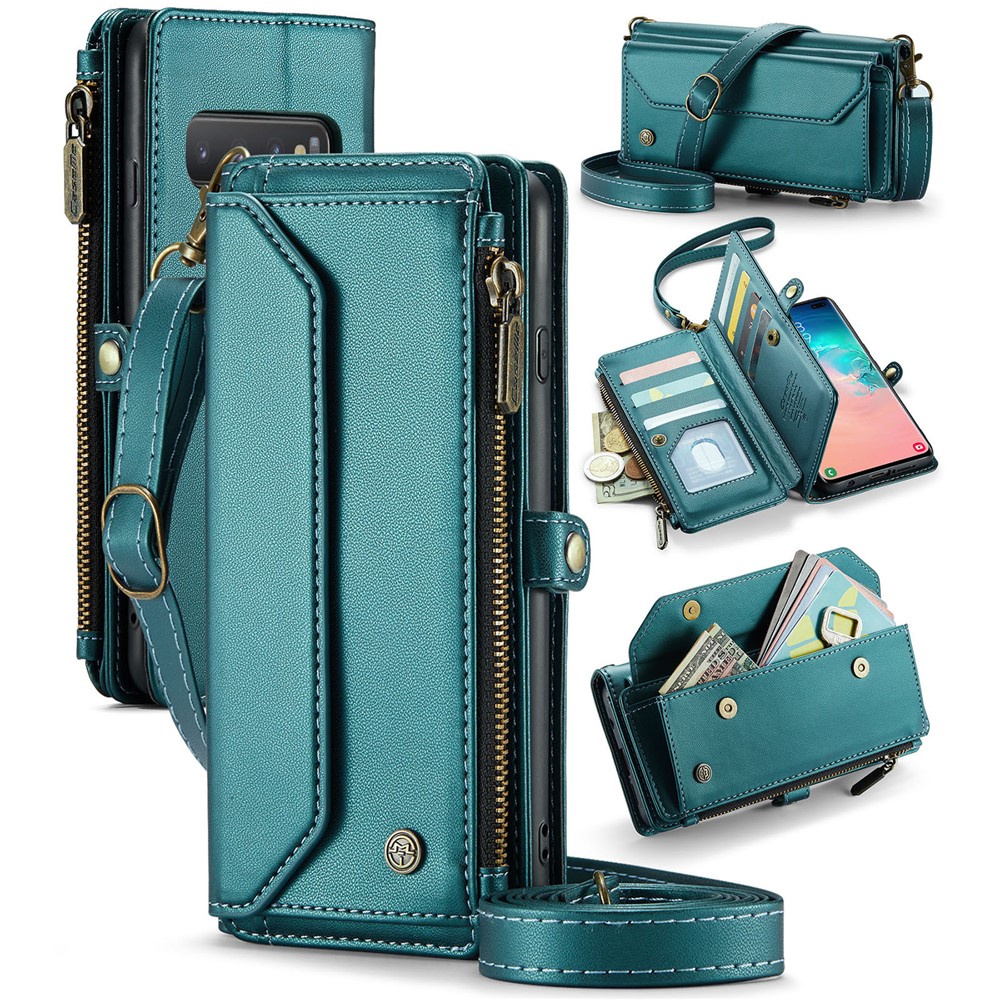 For Samsung Galaxy S10 Plus Leather Case CASEME C36 Zipper Multiple Card Slots Phone Cover with Straps - Green