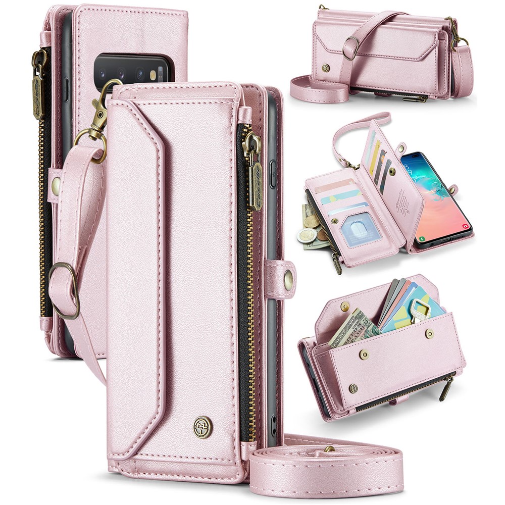 For Samsung Galaxy S10 Plus Leather Case CASEME C36 Zipper Multiple Card Slots Phone Cover with Straps - Pink