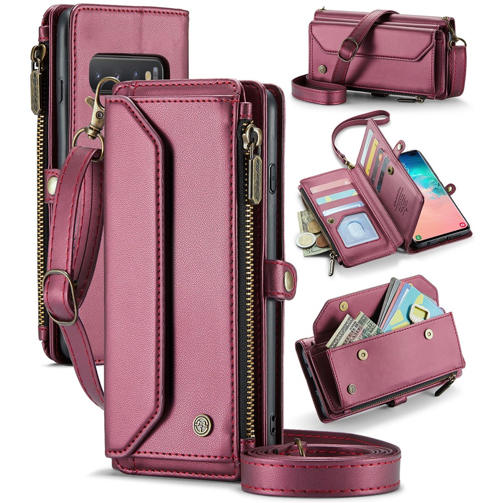 For Samsung Galaxy S10 Plus Leather Case CASEME C36 Zipper Multiple Card Slots Phone Cover with Straps - Wine Red