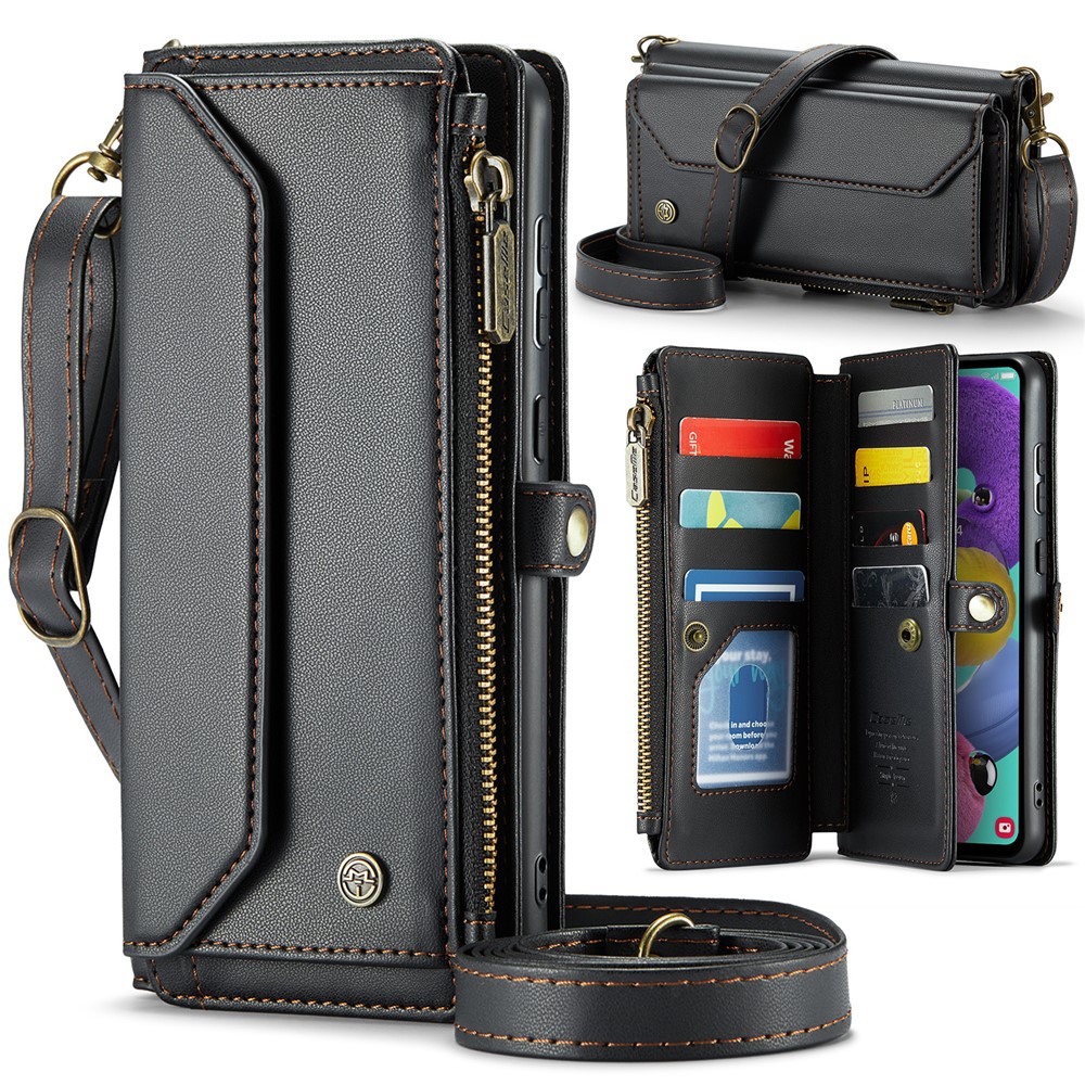 For Samsung Galaxy A51 4G SM-A515 Leather Case CASEME C36 Zipper Multiple Card Slots Phone Cover with Straps - Black