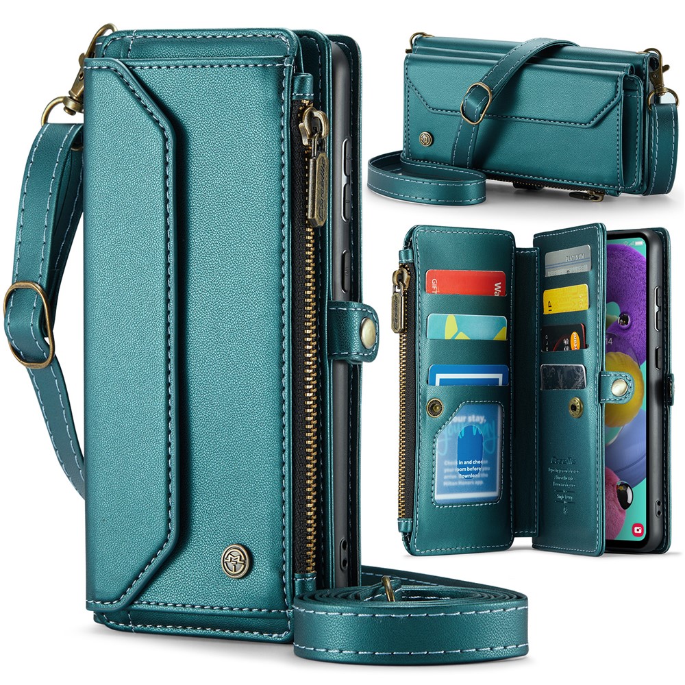 For Samsung Galaxy A51 4G SM-A515 Leather Case CASEME C36 Zipper Multiple Card Slots Phone Cover with Straps - Green
