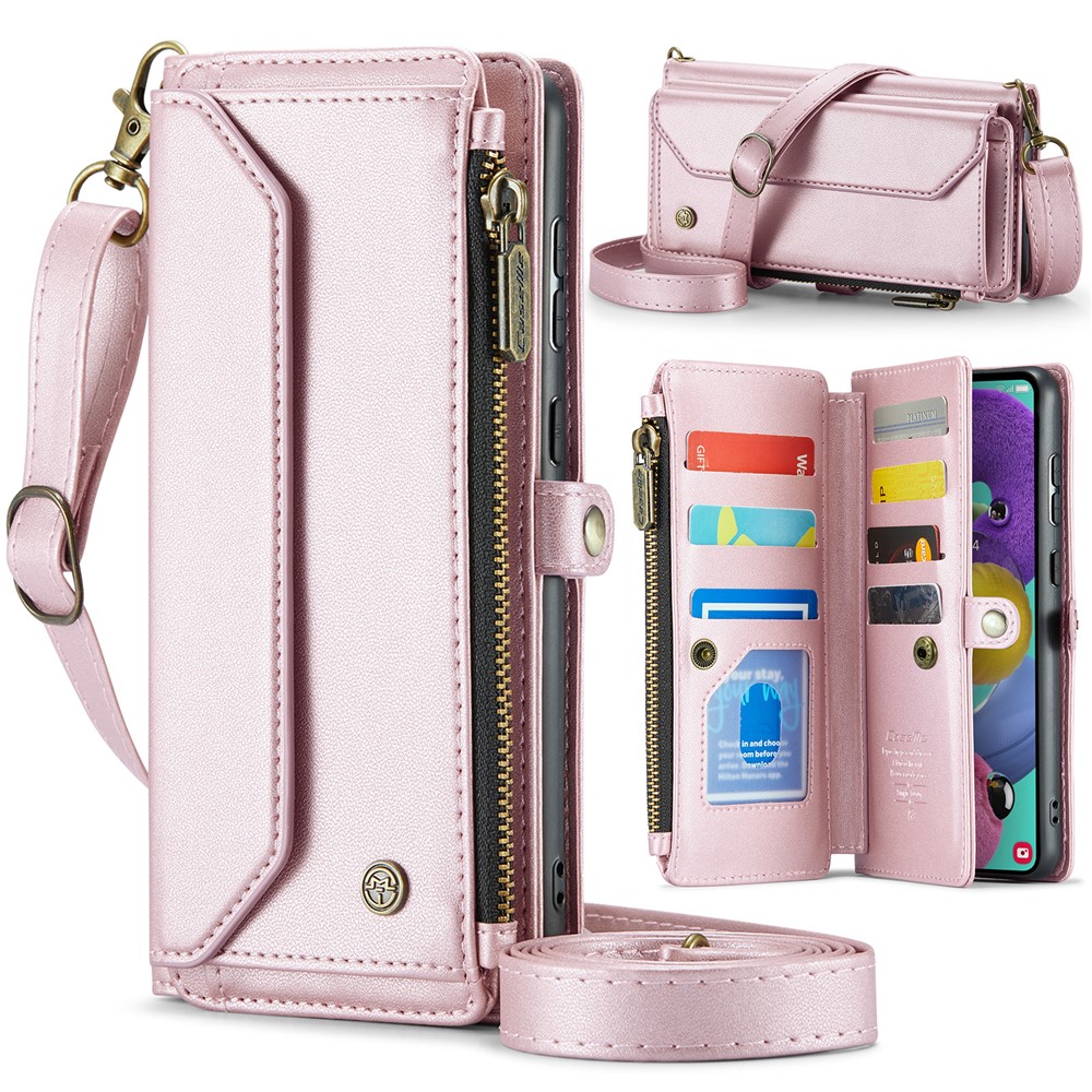 For Samsung Galaxy A51 4G SM-A515 Leather Case CASEME C36 Zipper Multiple Card Slots Phone Cover with Straps - Pink