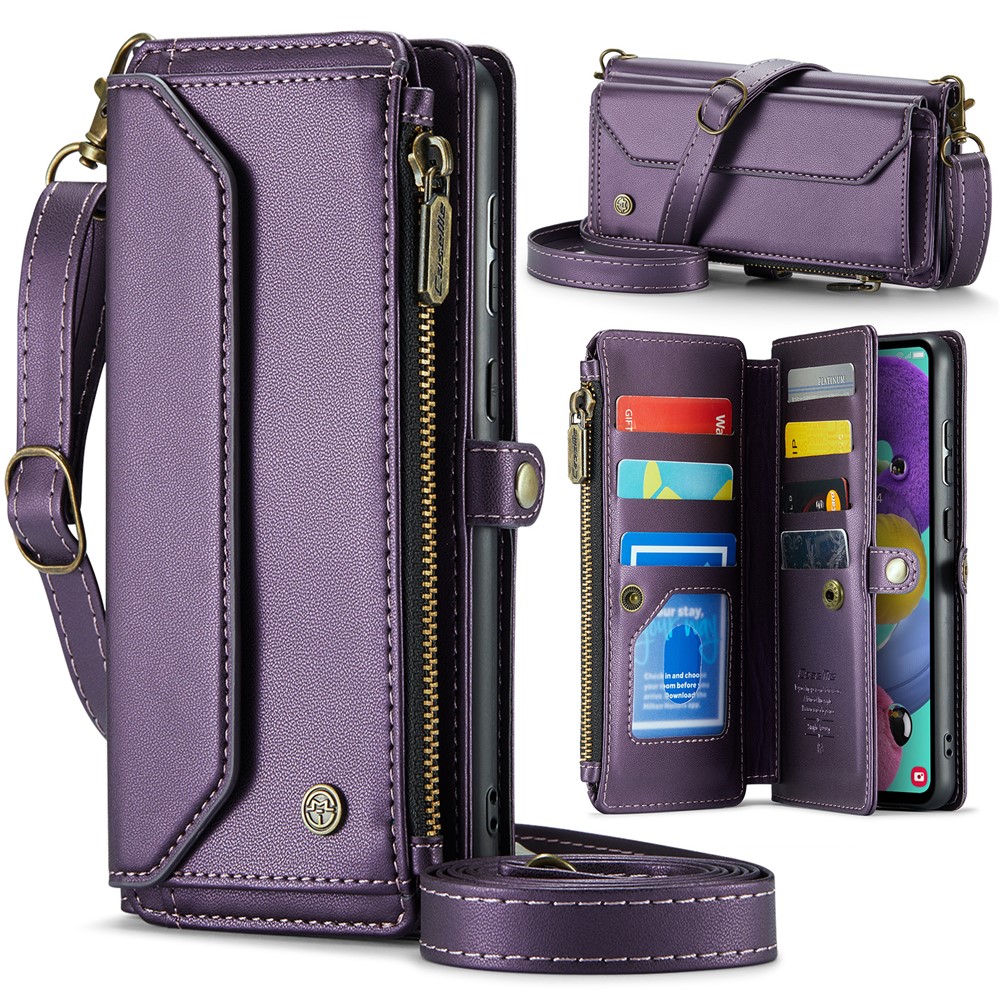 For Samsung Galaxy A51 4G SM-A515 Leather Case CASEME C36 Zipper Multiple Card Slots Phone Cover with Straps - Purple