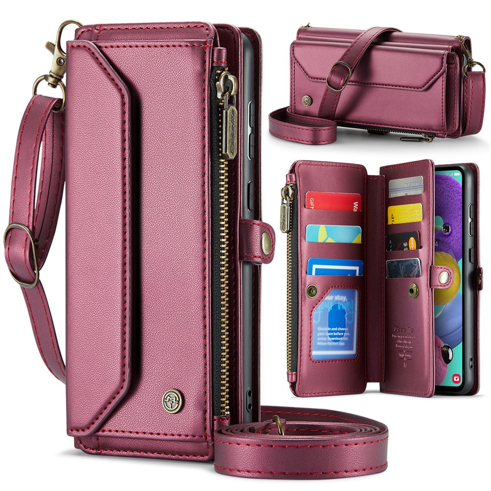For Samsung Galaxy A51 4G SM-A515 Leather Case CASEME C36 Zipper Multiple Card Slots Phone Cover with Straps - Wine Red