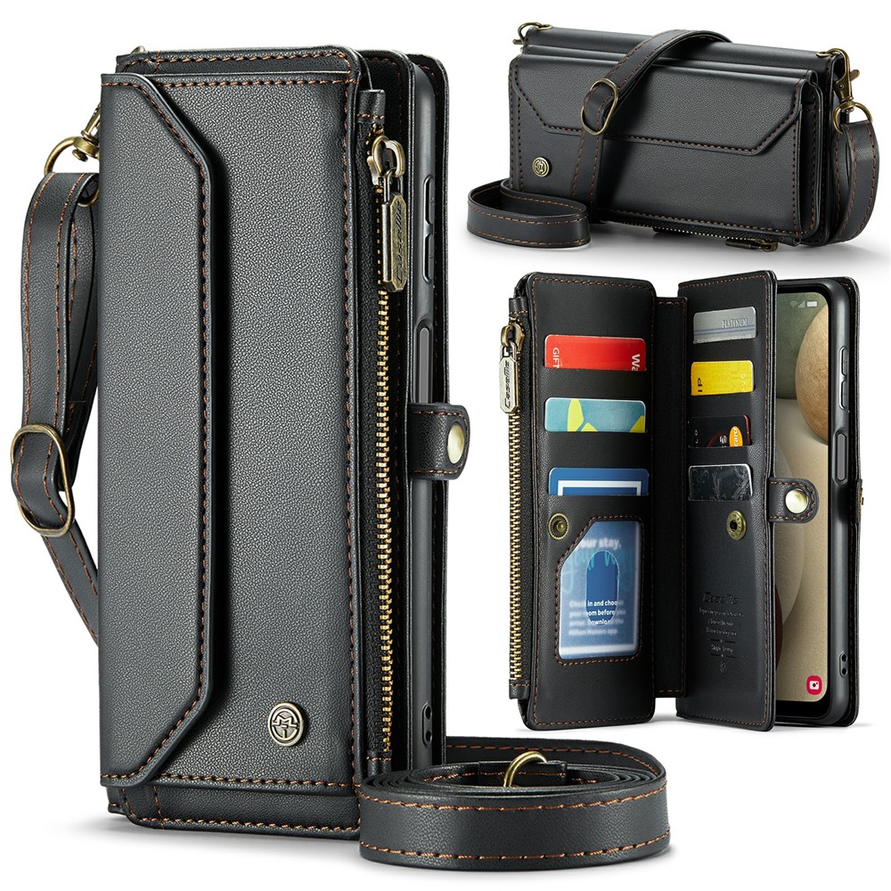 For Samsung Galaxy A12 Leather Case CASEME C36 Zipper Multiple Card Slots Phone Cover with Straps - Black