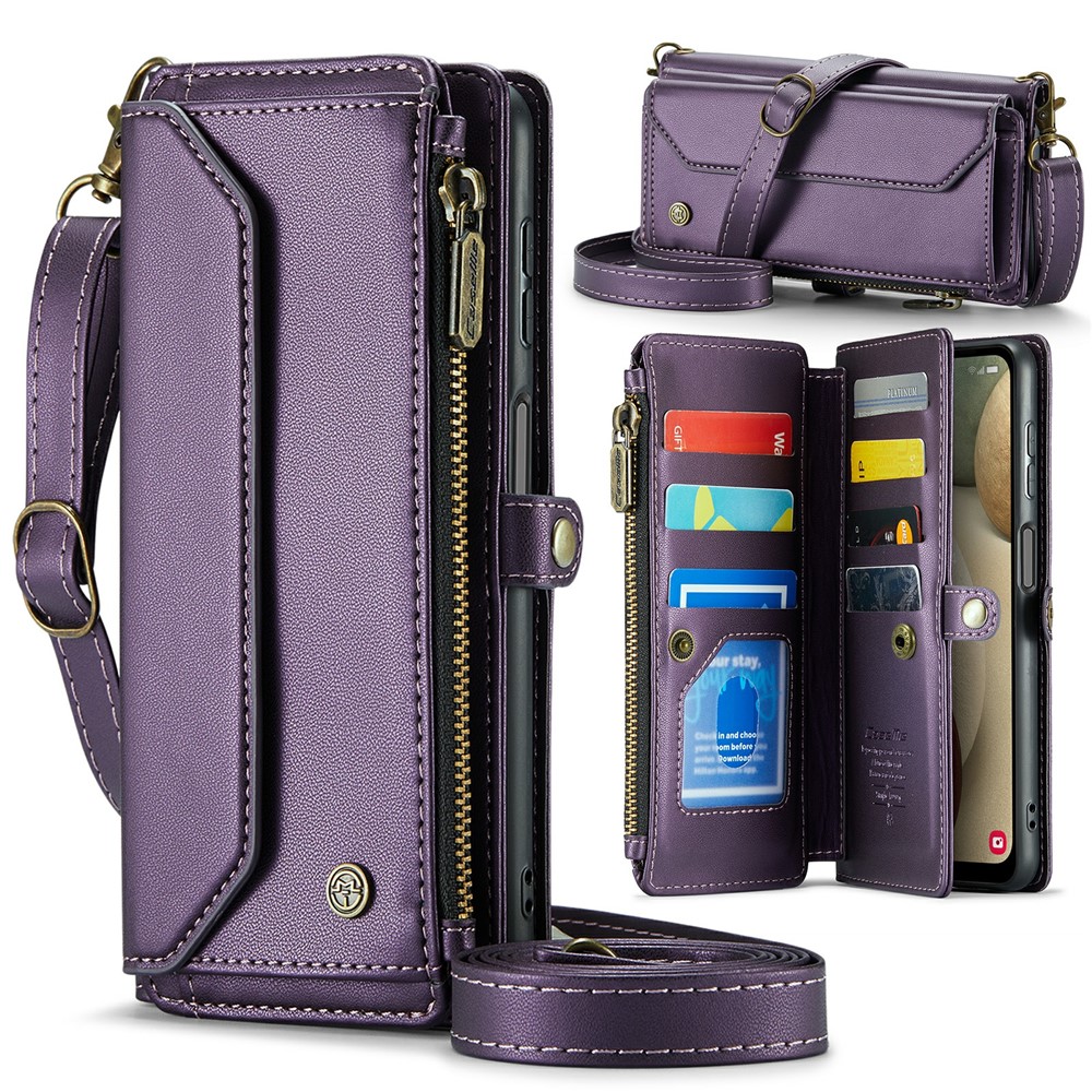 For Samsung Galaxy A12 Leather Case CASEME C36 Zipper Multiple Card Slots Phone Cover with Straps - Purple