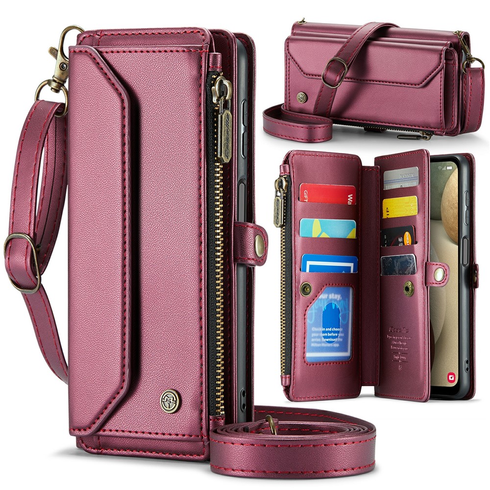 For Samsung Galaxy A12 Leather Case CASEME C36 Zipper Multiple Card Slots Phone Cover with Straps - Wine Red