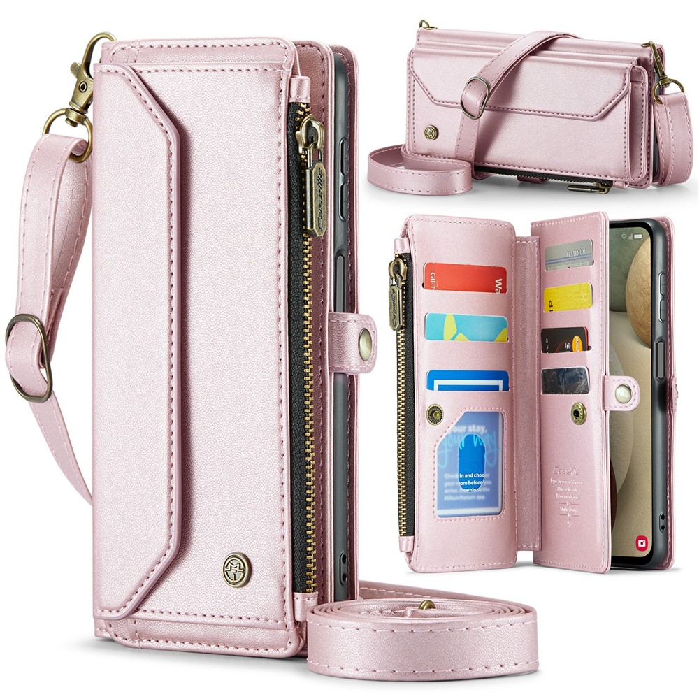 For Samsung Galaxy A12 Leather Case CASEME C36 Zipper Multiple Card Slots Phone Cover with Straps - Pink