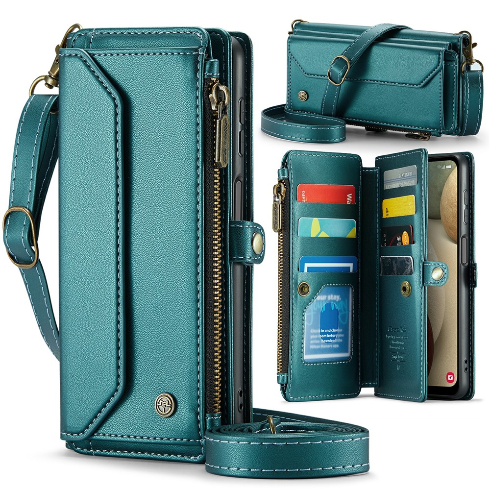 For Samsung Galaxy A12 Leather Case CASEME C36 Zipper Multiple Card Slots Phone Cover with Straps - Green