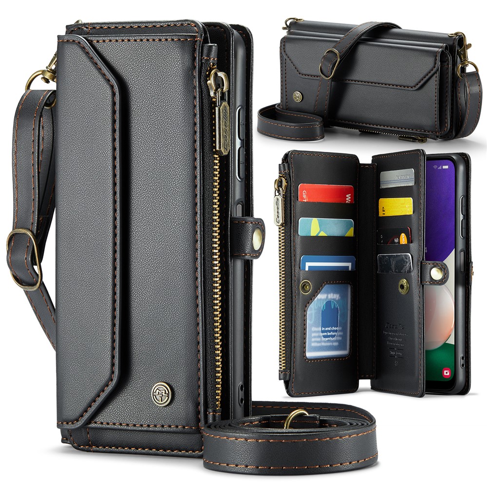 For Samsung Galaxy A22 5G (EU) Leather Case CASEME C36 Zipper Multiple Card Slots Phone Cover with Straps - Black