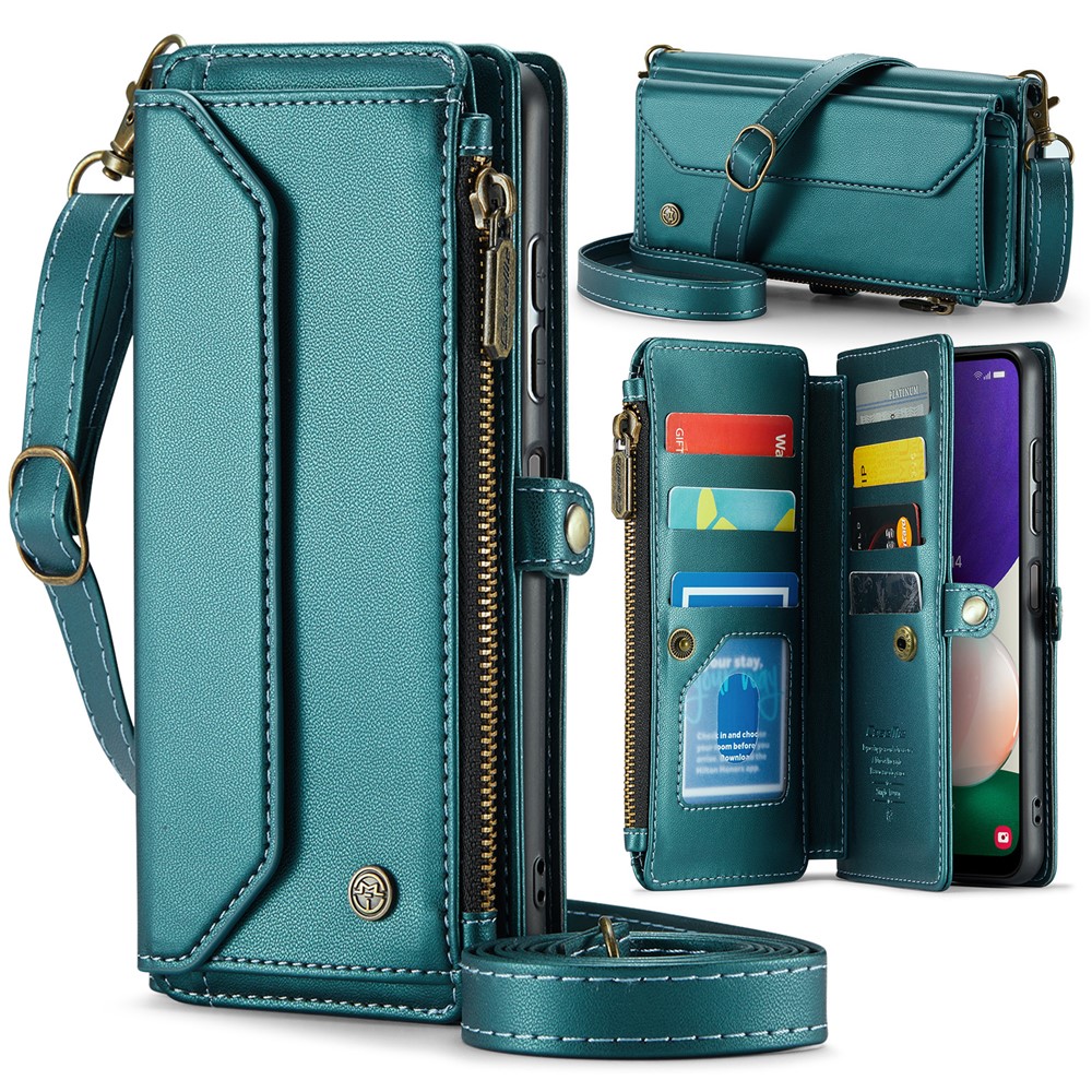 For Samsung Galaxy A22 5G (EU) Leather Case CASEME C36 Zipper Multiple Card Slots Phone Cover with Straps - Green