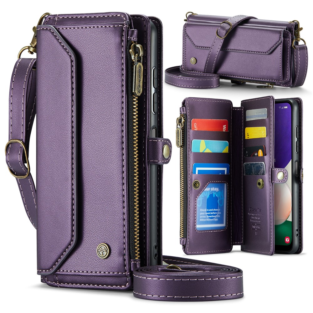 For Samsung Galaxy A22 5G (EU) Leather Case CASEME C36 Zipper Multiple Card Slots Phone Cover with Straps - Purple