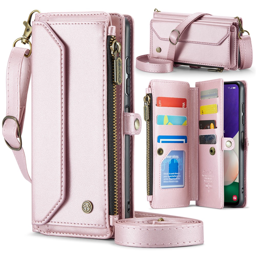 For Samsung Galaxy A22 5G (EU) Leather Case CASEME C36 Zipper Multiple Card Slots Phone Cover with Straps - Pink