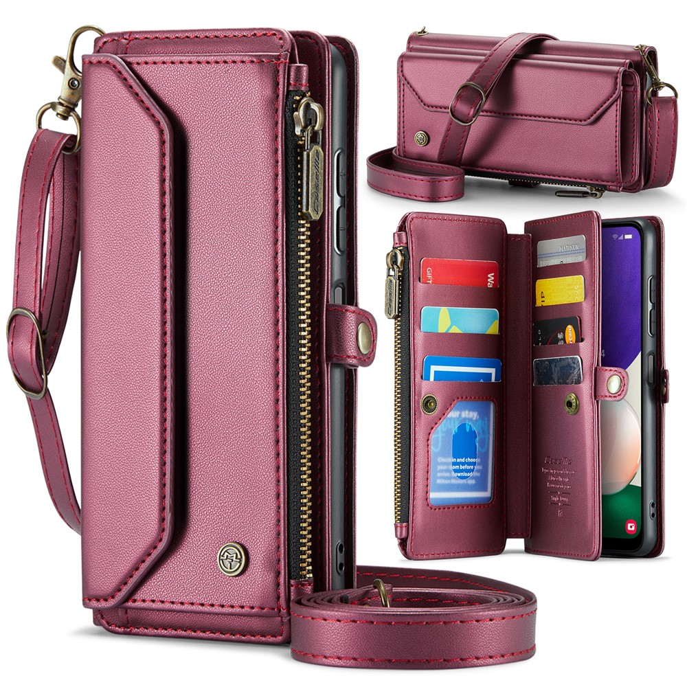 For Samsung Galaxy A22 5G (EU) Leather Case CASEME C36 Zipper Multiple Card Slots Phone Cover with Straps - Wine Red