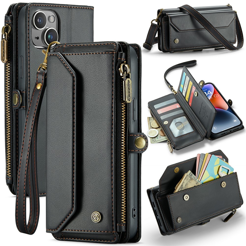 For iPhone 14 Plus Leather Case CASEME C36 Zipper Multiple Card Slots Phone Cover with Straps - Black