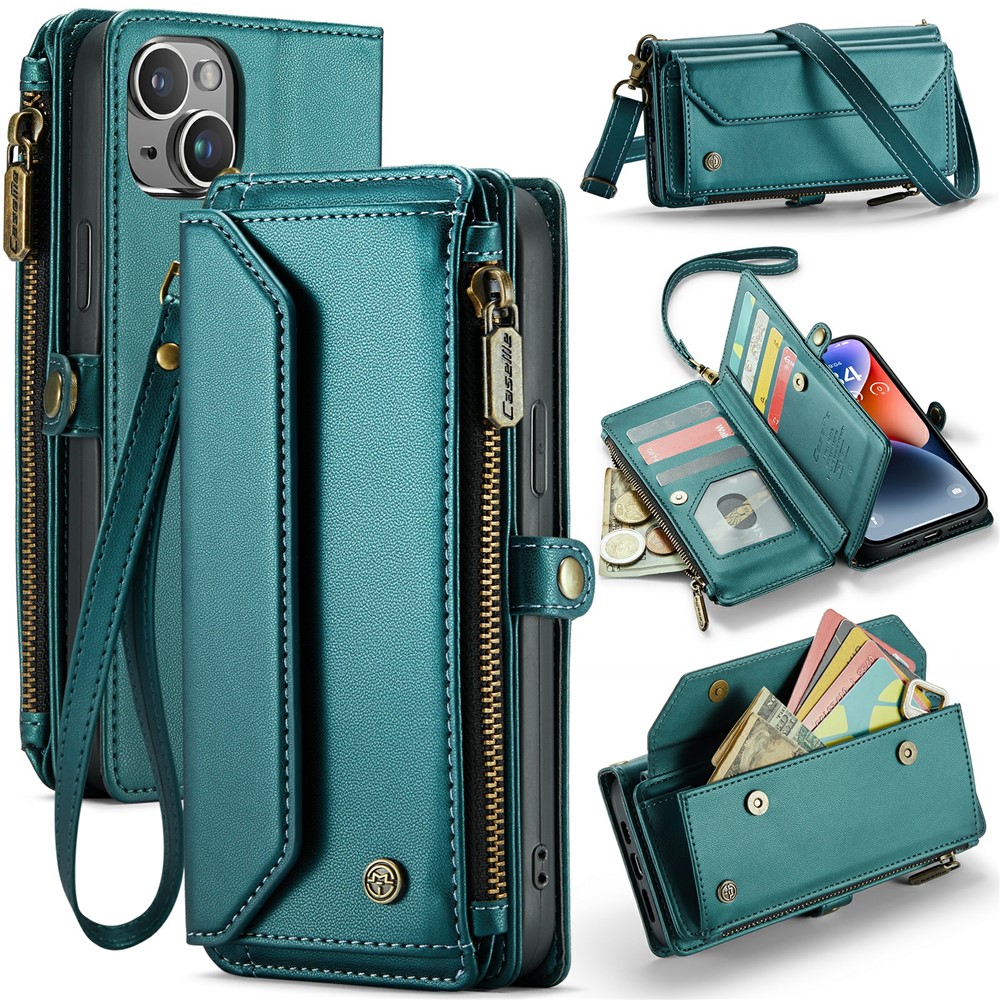 For iPhone 14 Plus Leather Case CASEME C36 Zipper Multiple Card Slots Phone Cover with Straps - Green