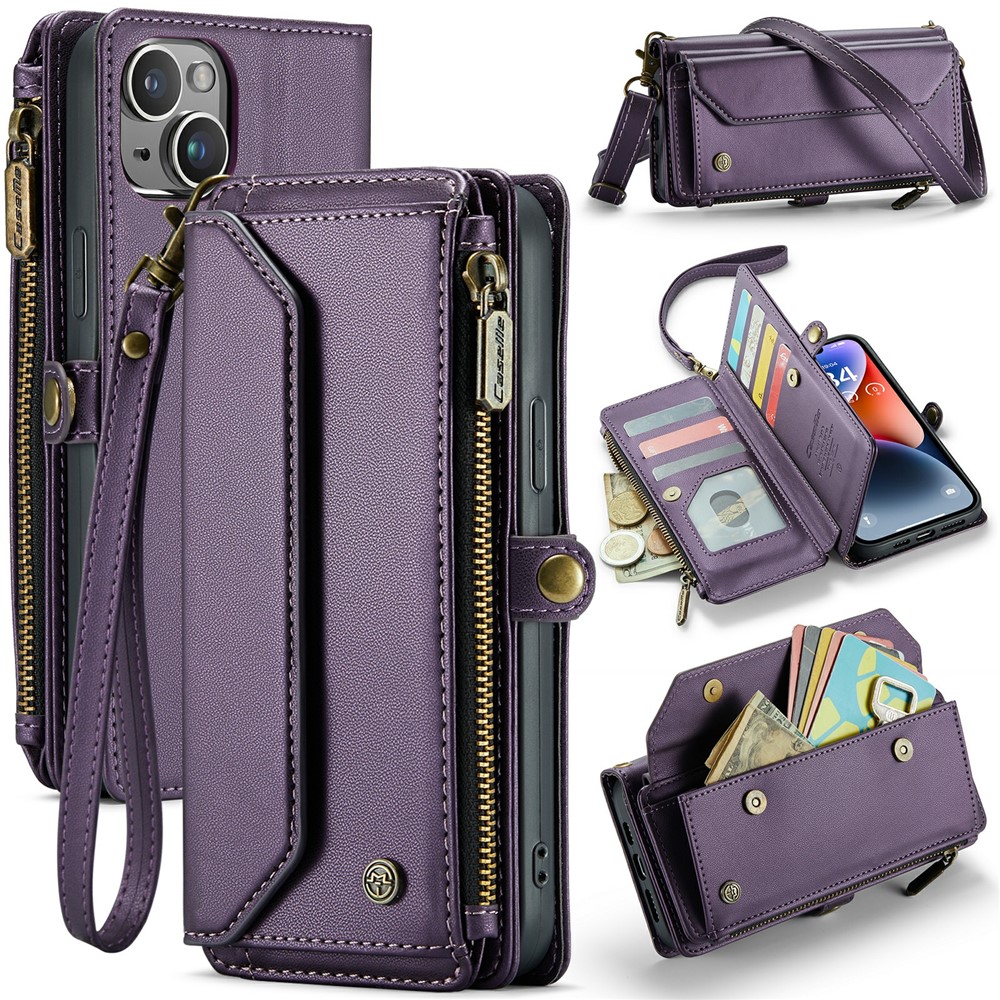 For iPhone 14 Plus Leather Case CASEME C36 Zipper Multiple Card Slots Phone Cover with Straps - Purple