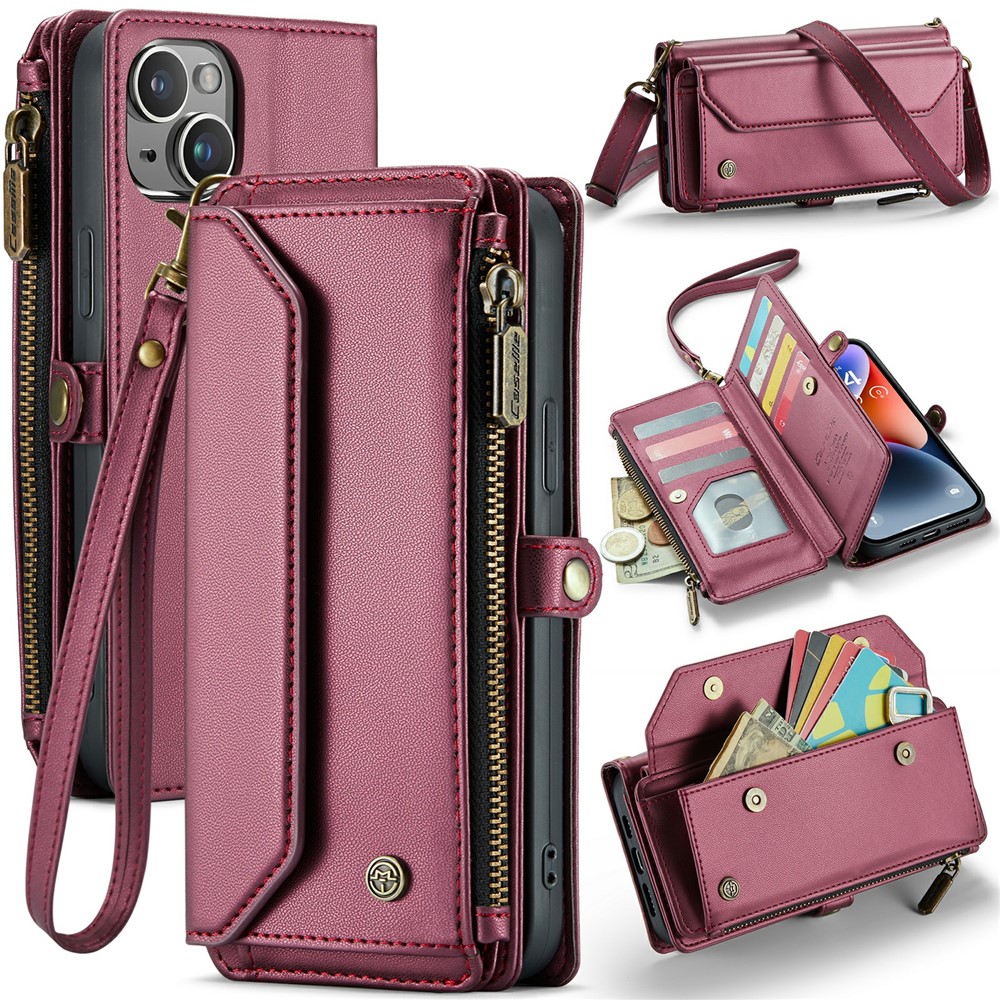 For iPhone 14 Plus Leather Case CASEME C36 Zipper Multiple Card Slots Phone Cover with Straps - Wine Red