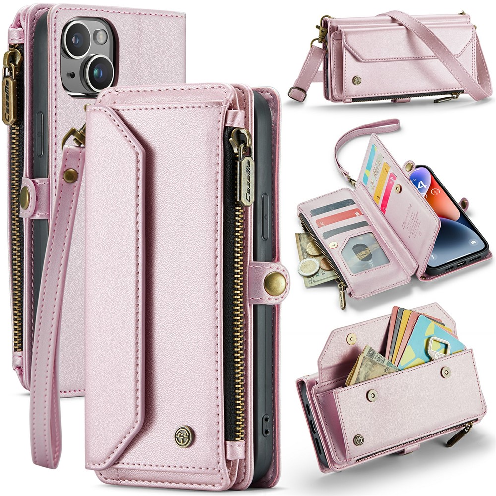 For iPhone 14 Plus Leather Case CASEME C36 Zipper Multiple Card Slots Phone Cover with Straps - Pink