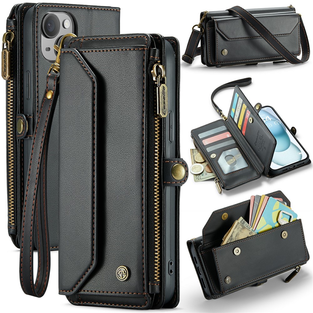 For iPhone 15 Plus Leather Case CASEME C36 Zipper Multiple Card Slots Phone Cover with Straps - Black