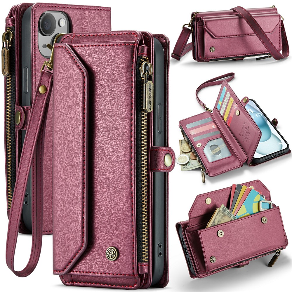 For iPhone 15 Plus Leather Case CASEME C36 Zipper Multiple Card Slots Phone Cover with Straps - Wine Red