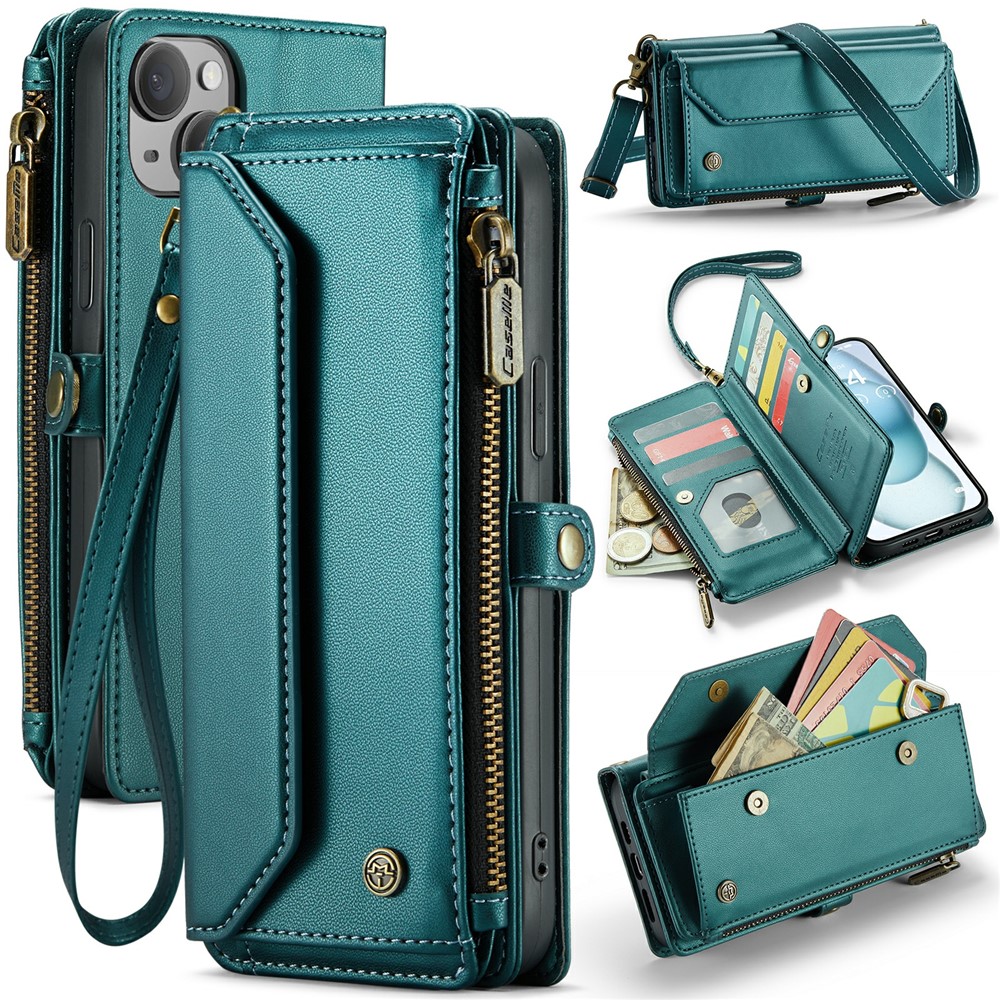 For iPhone 15 Plus Leather Case CASEME C36 Zipper Multiple Card Slots Phone Cover with Straps - Green