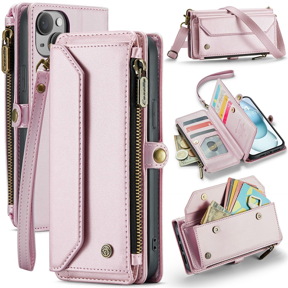 For iPhone 15 Plus Leather Case CASEME C36 Zipper Multiple Card Slots Phone Cover with Straps - Pink